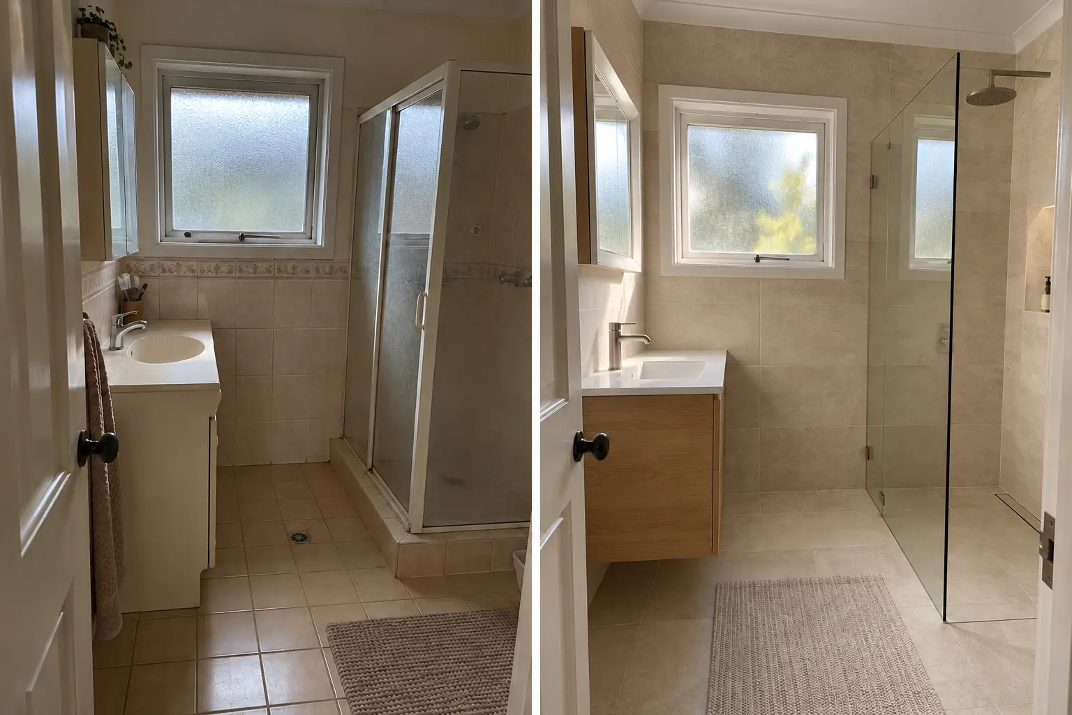 Simulation avant/après d'une salle de bain, carrelage ancien et douche fermée remplacés dans le concept par un revêtement clair et une douche vitrée